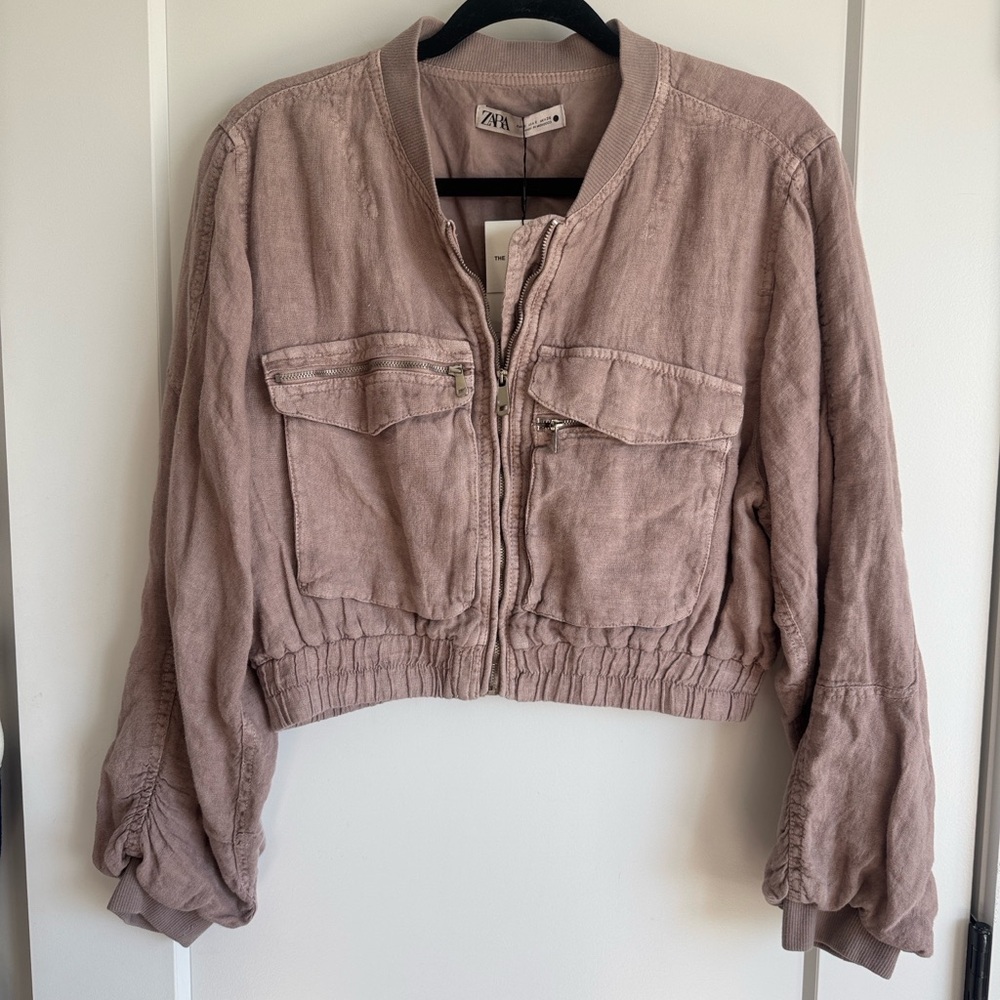NWT Zara Greta Linen Bomber Jacket - size small - mauve/light pink - Picture 9 of 14